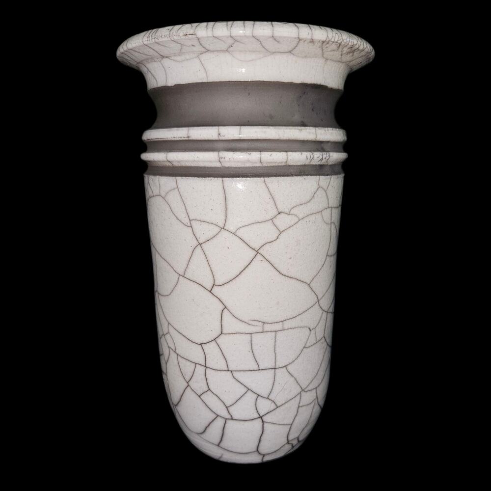 Signed CAS Raku Pottery Vase White Crackle Glaze Gray Studio Art Ceramic